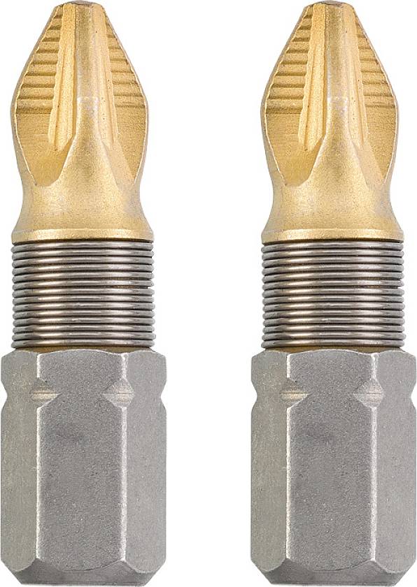 Two golden screwdriver bits with ribbed tips and silver shafts, positioned side by side on a light background.