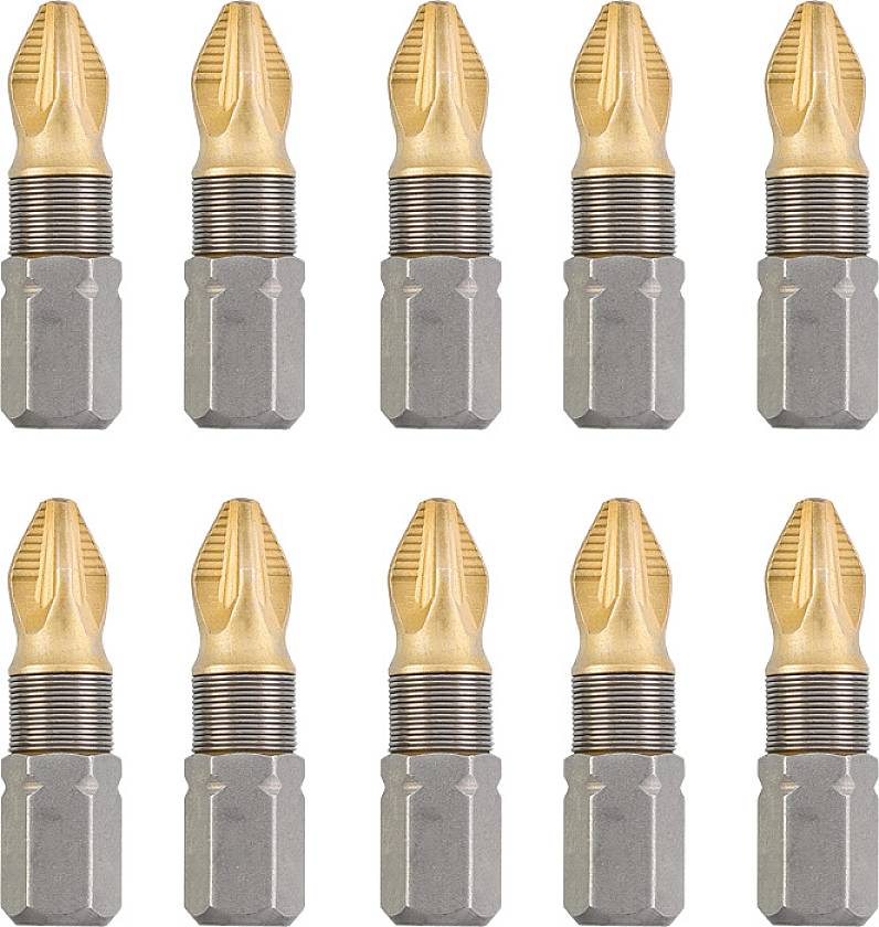 Ten identical yellow-gold screwdriver bits with grooves, arranged in two rows.