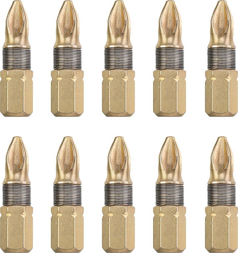 Ten gold-coloured screwdriver bits with knurled shanks, symmetrically arranged in two rows.