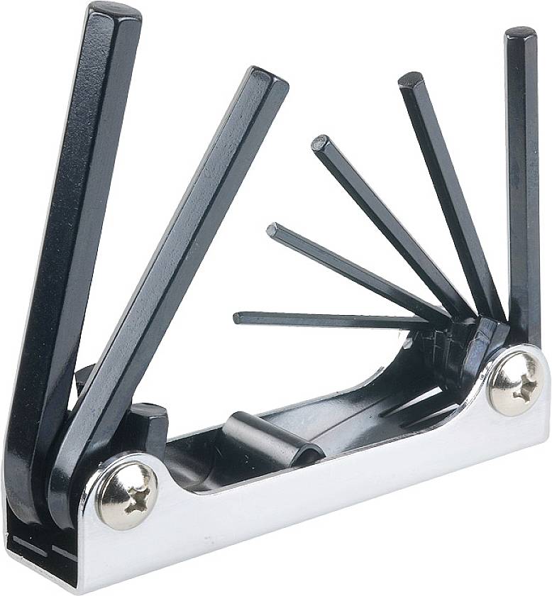 Black and silver multi-functional tool with multiple Allen keys in various sizes, compactly foldable.