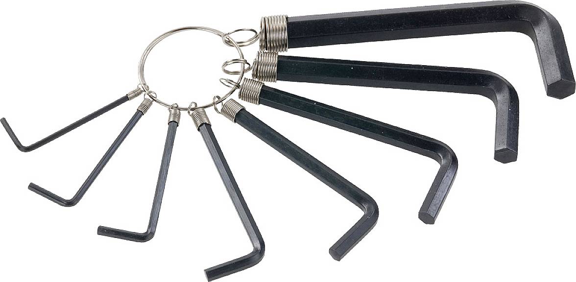A set of black hexagonal Allen keys of varying sizes hanging on a metal ring.