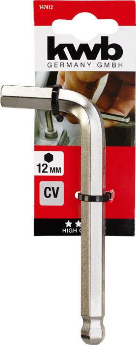 'Kwb Germany GmbH' L-shaped 12 mm Hex Key in Packaging. Silver-coloured, with black retaining ring, suitable for screws.