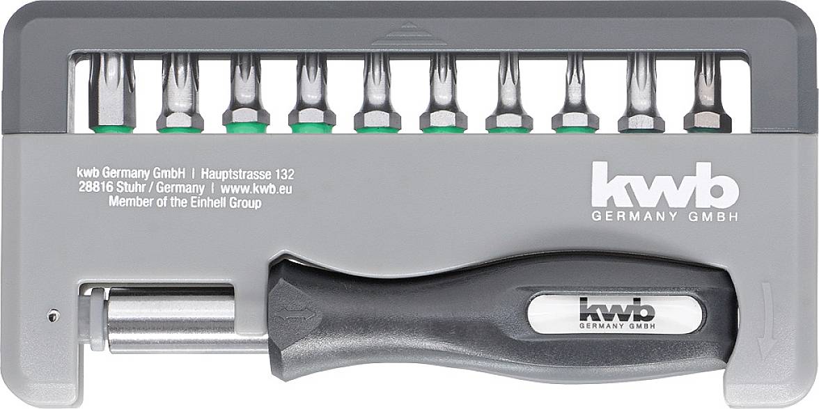 Socket wrench set by kwb with an ergonomic handle and multiple bits in a compact holder.