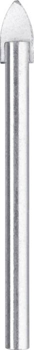 Metal drill bit with a tapered point, gleaming silver surface.
