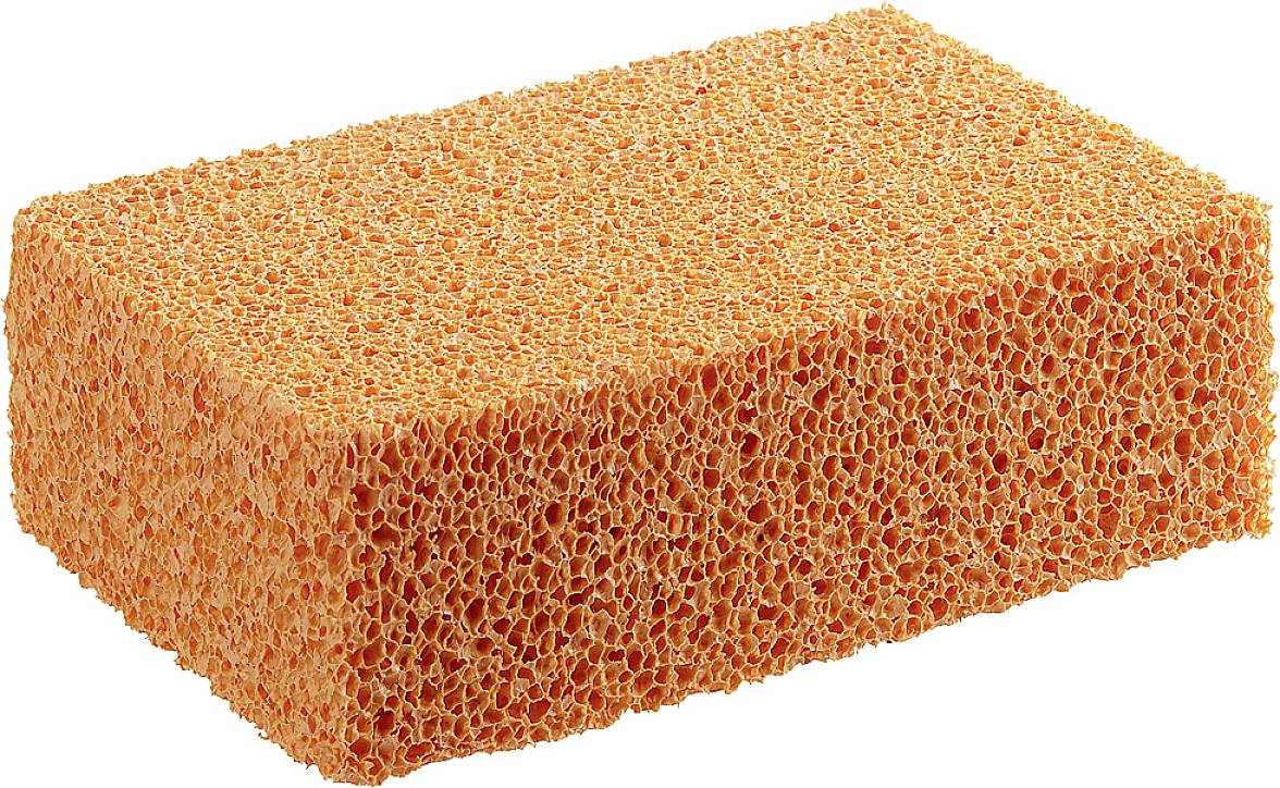 An orange rectangular sponge with a rough texture. Ideal for cleaning or scrubbing surfaces.