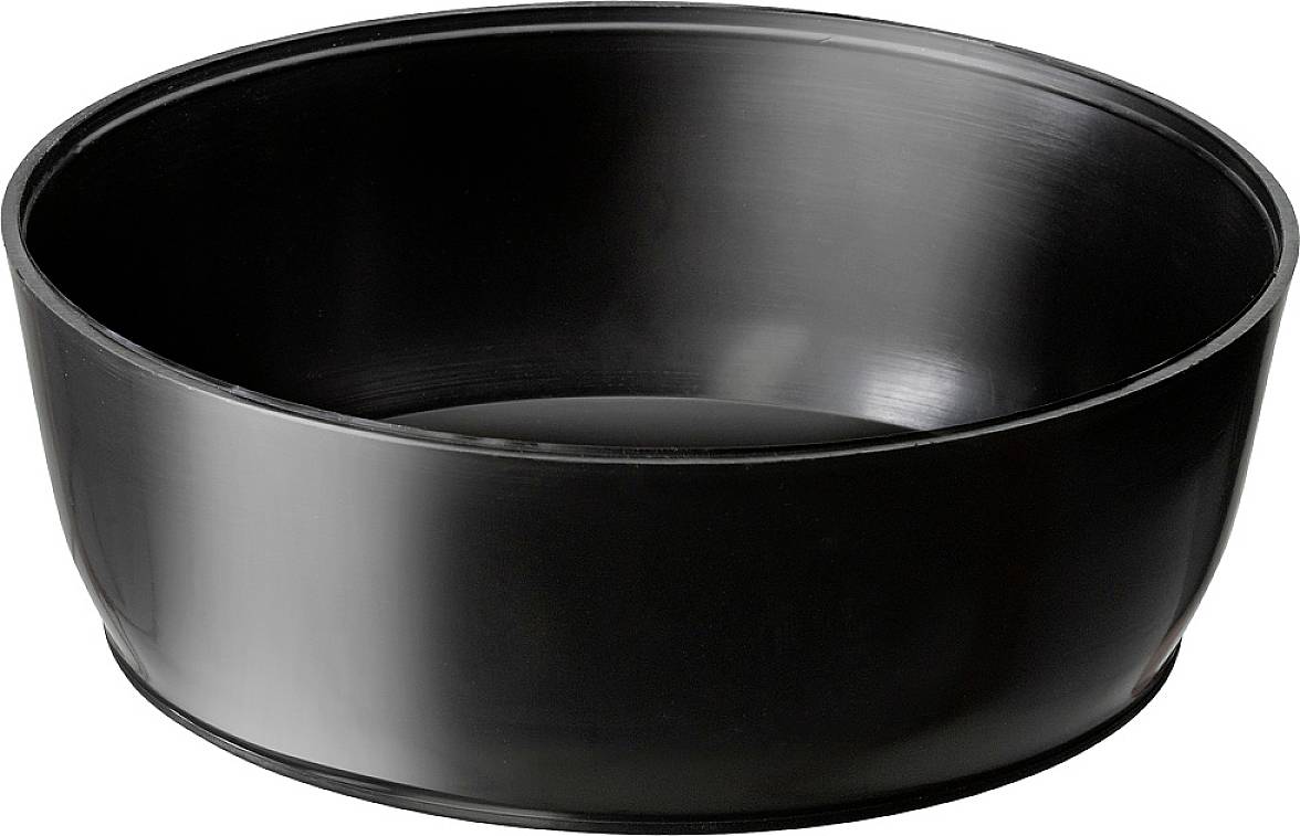 A black, round plastic tray, empty and without visible contents, against a white background.