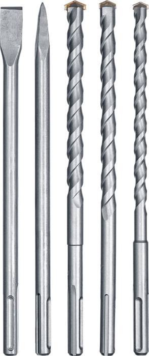 Five different drill bits and chisels in metal finish stand side by side upright.