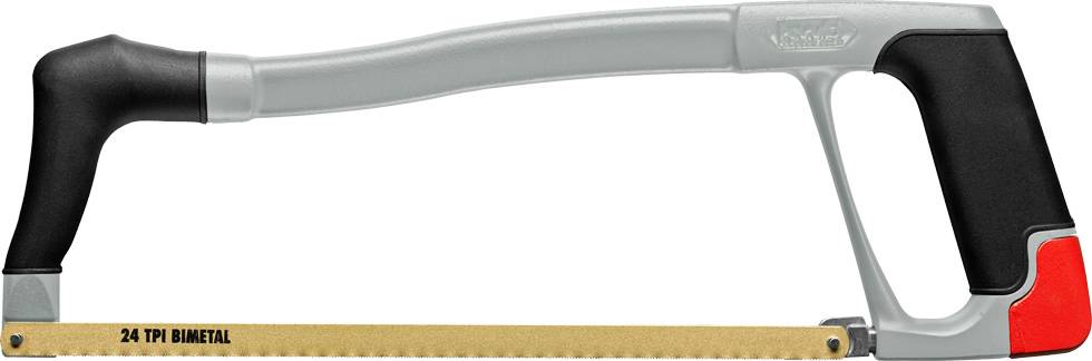 A grey hand saw with a black and red handle and a blade labelled '24 TPI BIMETAL'.