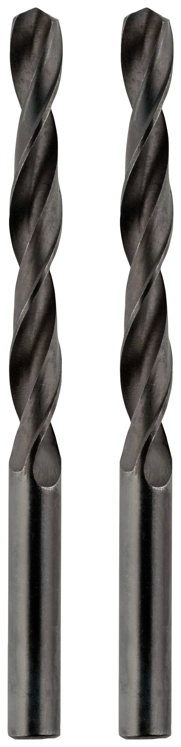 Two metal drill bits with spiral blades, positioned vertically side by side, on a white background.