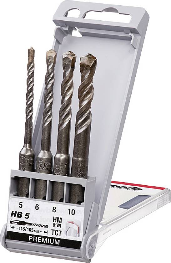 Drill bit set in plastic packaging, sizes ranging from 5 to 10 mm, suitable for various materials.