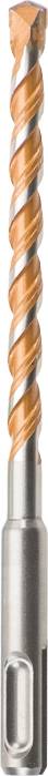 Drill bit with an orange spiral and silver shaft, close-up of the tip.