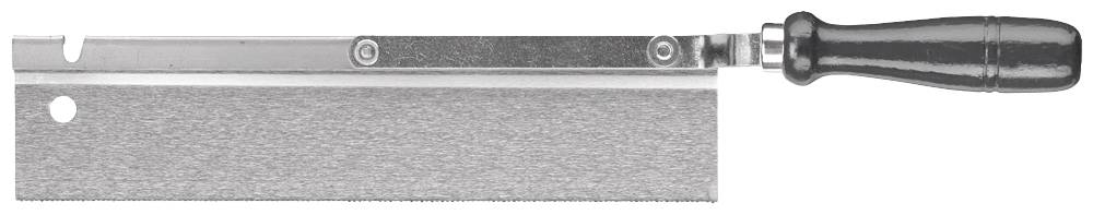 A metal saw with a black handle and a serrated blade, used for cutting wood and metal.