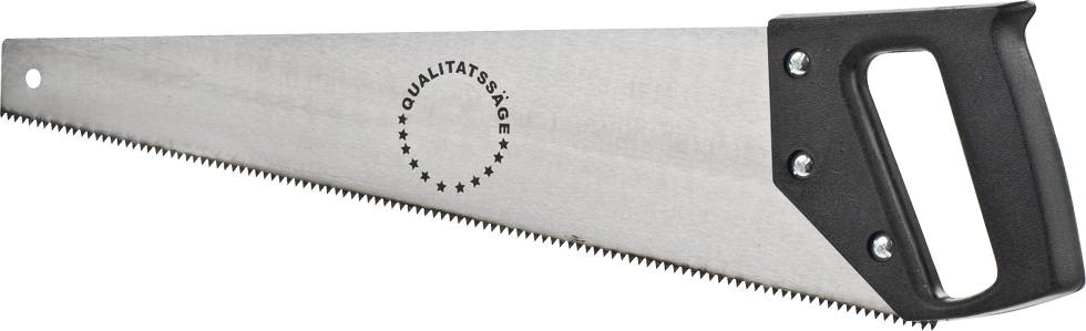 Handsaw with a black handle and the inscription 'Quality Saw' on the blade.