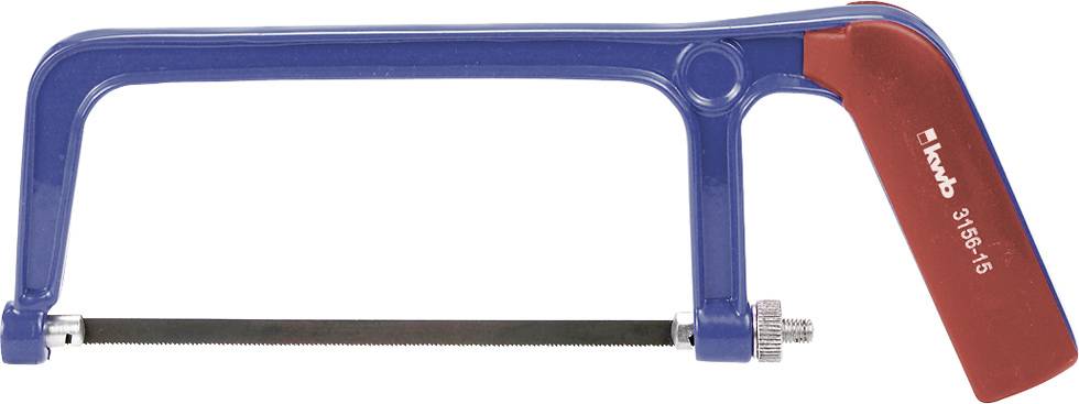 A blue-red metal saw with a straight saw blade, suitable for small cutting projects.