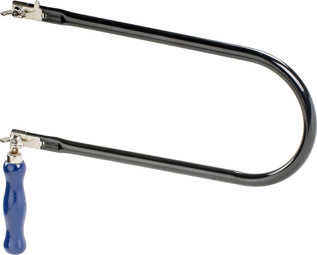 Metal saw with a blue handle and black, curved frame, suitable for fine sawing work.Correction for British English:Metal saw with a blue handle and black, curved frame, ideal for precision sawing.