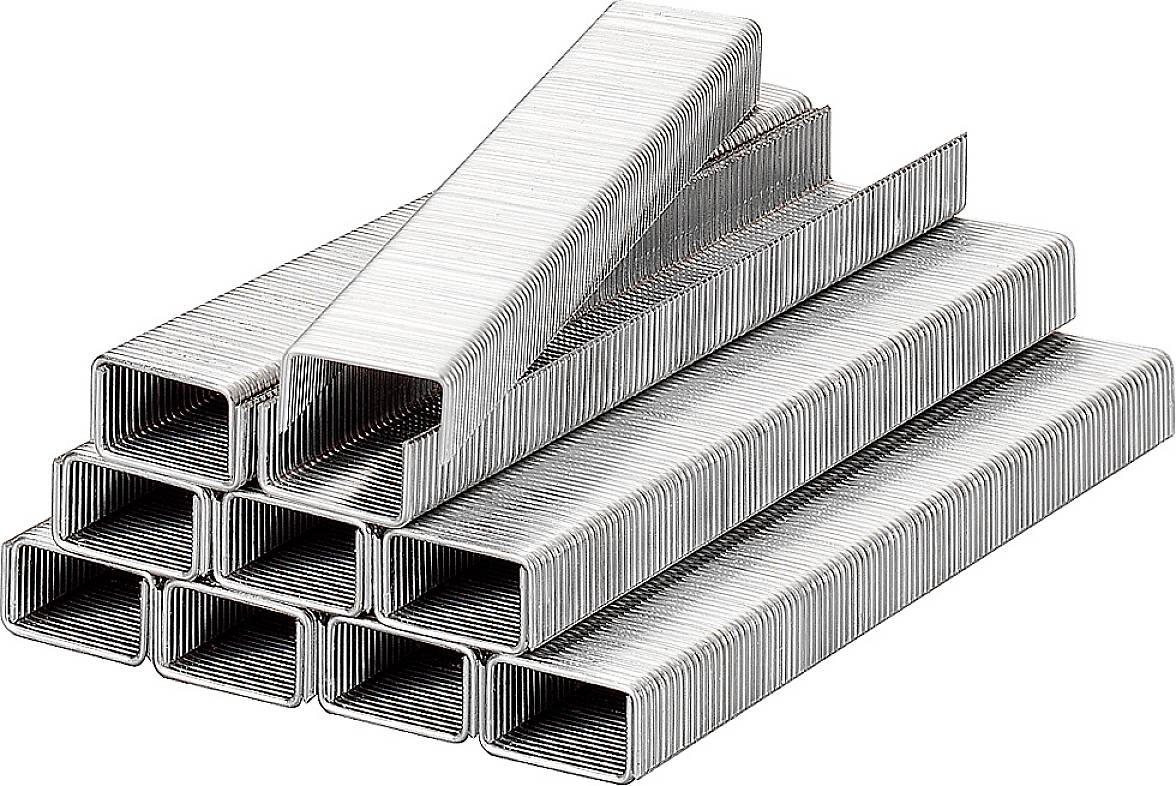 A stack of silver staples is arranged in a pyramid shape.