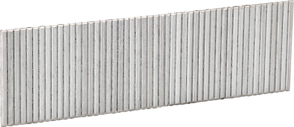A stack of silver staples in close-up.