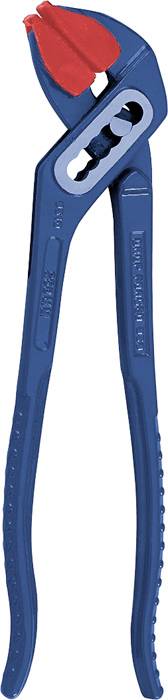 A blue adjustable pipe wrench with a red handle. It is slightly open, revealing teeth designed for gripping pipes or fittings.