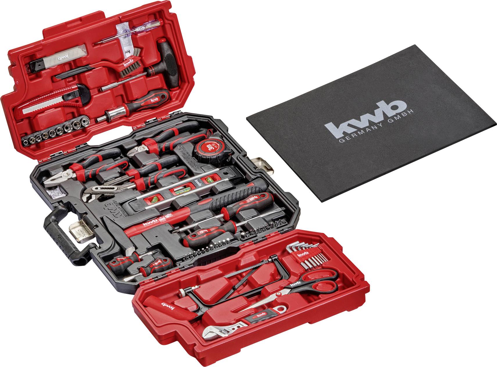 Red tool kit with various hand tools, including wrenches, pliers, and screwdrivers, displayed open; kwb branded case beside it.