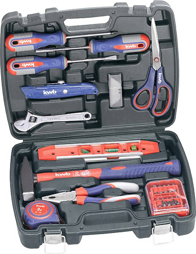 An open toolkit with various hand tools such as a screwdriver, scissors, pliers, spirit level and hammer.