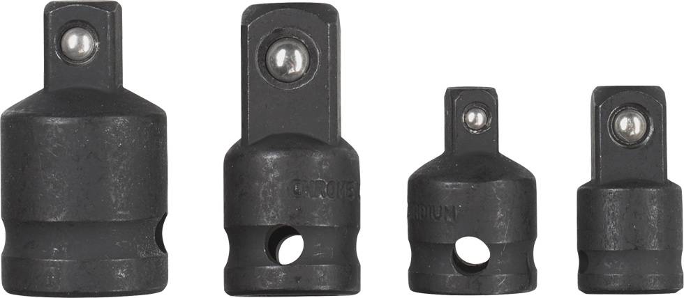 Four black socket adapters of different sizes, lined up side by side. Each has a ball lock and a hole.