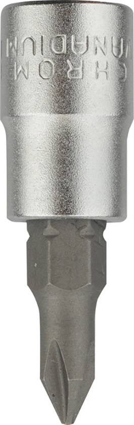 Close-up of a screwdriver bit with metal sleeve and 'Chrome Vanadium' inscription.