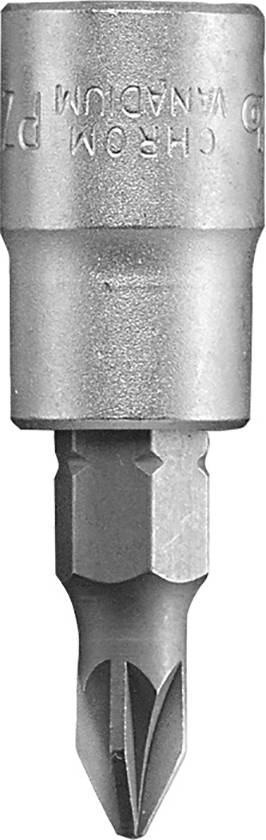 Close-up of a Phillips head screwdriver bit. The bit has a metallic surface and shows slight signs of wear.