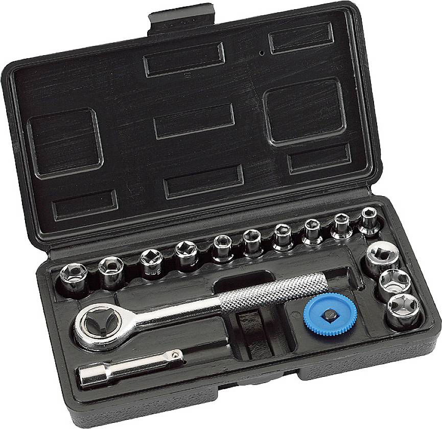 Socket wrench set in an open black case, includes ratchet, extension and various nuts in different sizes.