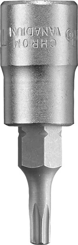 Screwdriver bit with a hexagonal shaft and Torx head, with a shiny metallic surface.