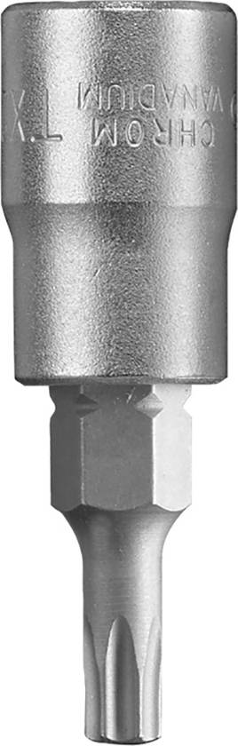Metal bit with a hexagonal base and shaft, suitable for screws with a star-shaped Torx head.