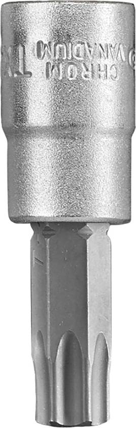Screwdriver bit with Torx head, made from chrome vanadium steel, suitable for manual and machine use.