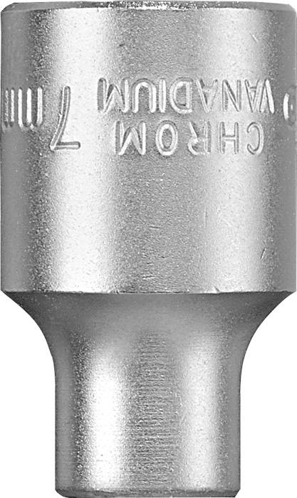 Steel socket with engraving '7mm CHROME VANADIUM'. Suitable for use with spanners to secure nuts and bolts.