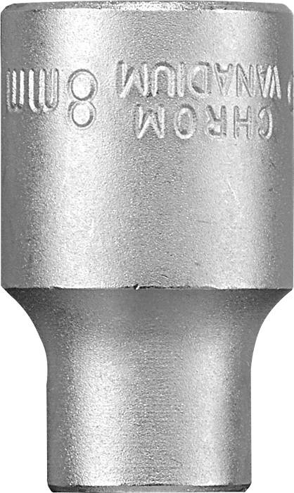 Metallic socket with engraving '8 mm Chrome Vanadium'. Suitable for mechanical work, particularly in craftwork and repair.