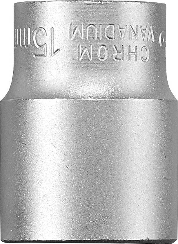 Metallic socket insert, 15 mm size, made of chrome vanadium steel. Glossy surface, suitable for mechanical work.