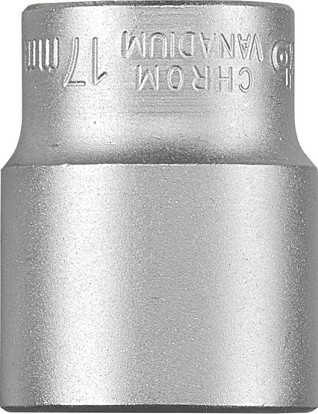 Chrome-vanadium steel socket, 17 mm in size, cylindrical shape, polished surface, suitable for hand tools.