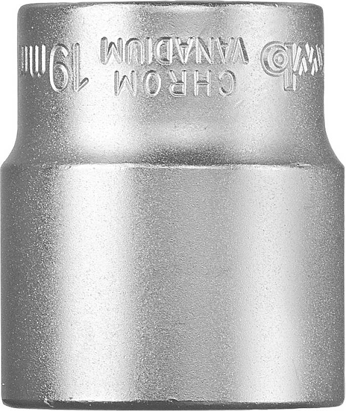 Chrome vanadium steel socket insert, 19 mm size.