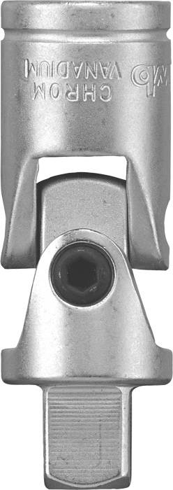 Universal joint socket wrench made from chrome vanadium steel. Engraved on top: CHROME VANADIUM. Contains a rotatable joint with screw.