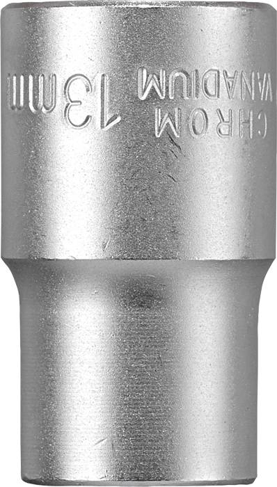 Metal socket insert with 'Chrome Vanadium 13mm' engraving and cylindrical, knurled design for tools.