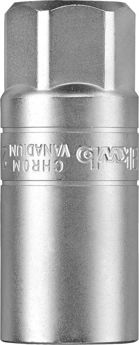 Metal socket spanner in cylindrical form, silver-coloured. Edges and labelling are visible. Used for mechanical work.