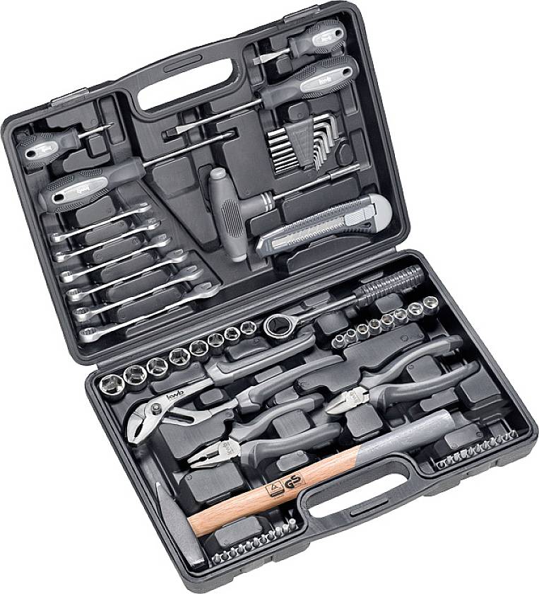 An open toolbox with various tools, including spanners, pliers, and screwdrivers, neatly arranged.