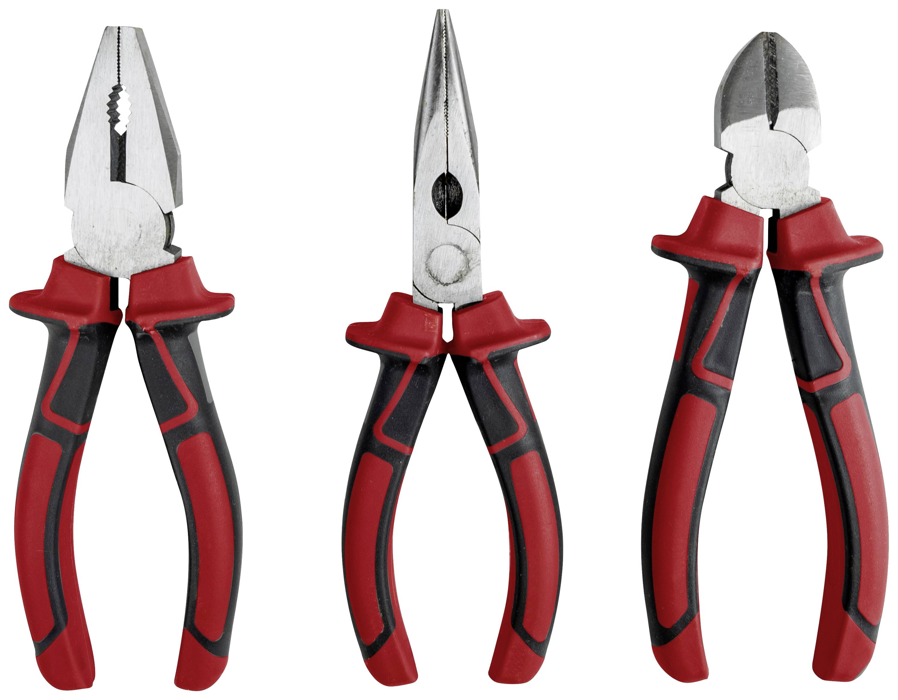 Three different pliers with red handles are lined up side by side: a combination pliers, long-nose pliers, and side cutters.
