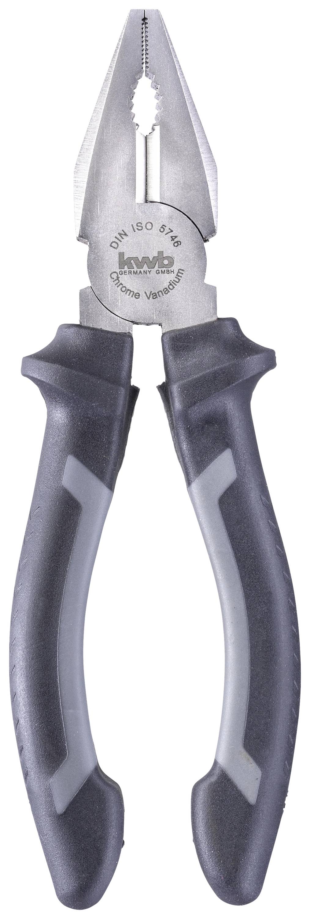 A black combination pliers with grey handles, suitable for gripping and cutting wires or cables.