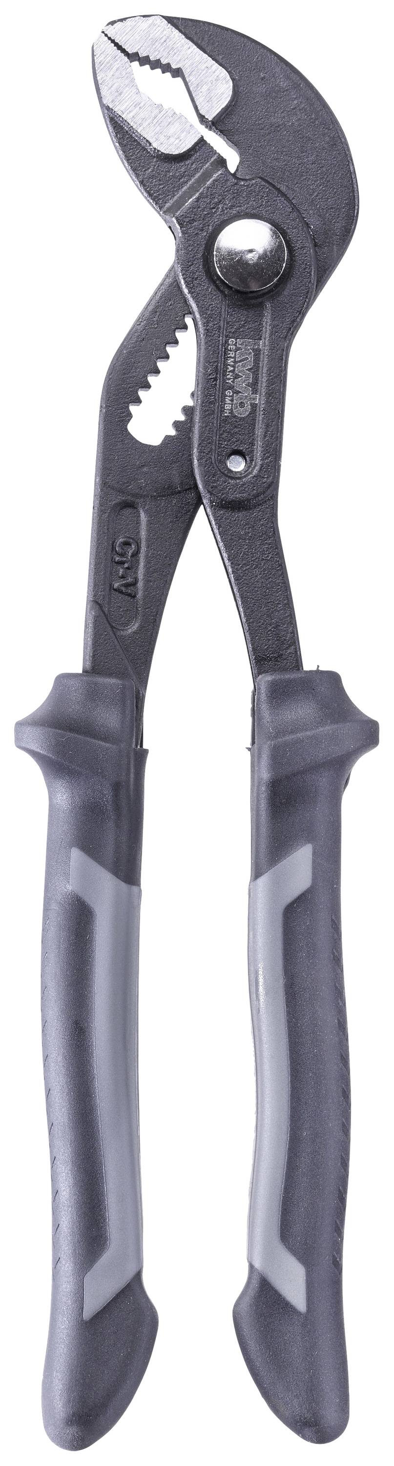 Pliers with grey handles and an adjustable joint, suitable for gripping or turning objects of varying diameters.