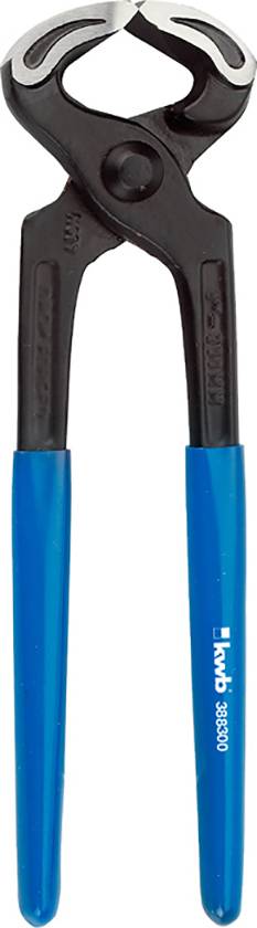 A black pair of pliers with blue handles, perfect for pulling nails and cutting wire.