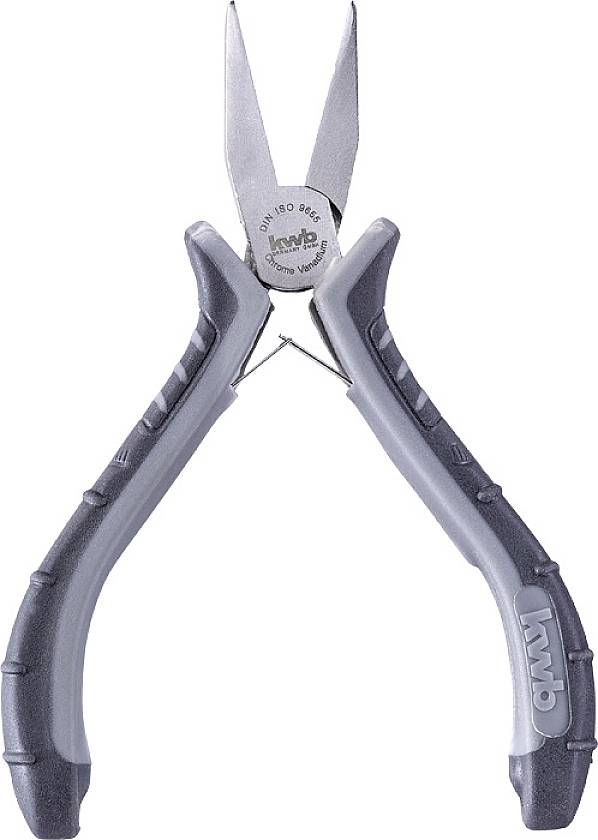 A pointed pliers with black and grey handles. They are often used for precision work in crafts and electronics.