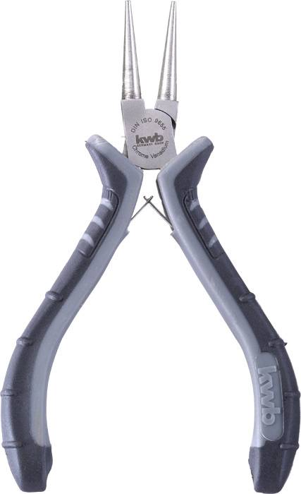 Long-nosed pliers with pointed, extended jaws, specifically designed for precise work in confined spaces, featuring ergonomic handles for comfortable handling.