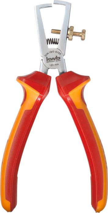 Insulation stripping pliers with an ergonomic, red and yellow handle and adjustable screw for comfortable cutting and stripping of cables.