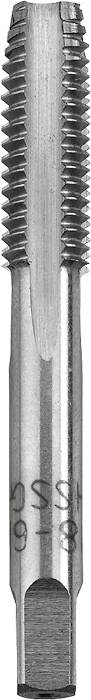 Metallic thread-cutting tool with spiral grooves and a pointed tip, used for cutting internal threads in metal.