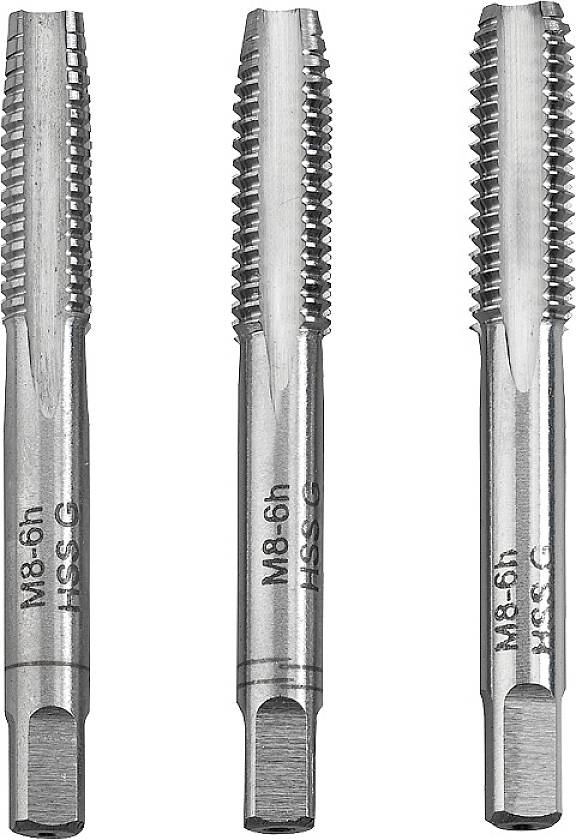 Three silver threading taps of different sizes, positioned vertically. Each tap displays the engraving 'M8 x 6h HSS-G'.