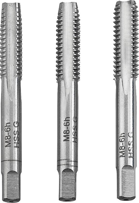 'Three silver threading taps in different sizes side by side. Each tap has engravings of 
